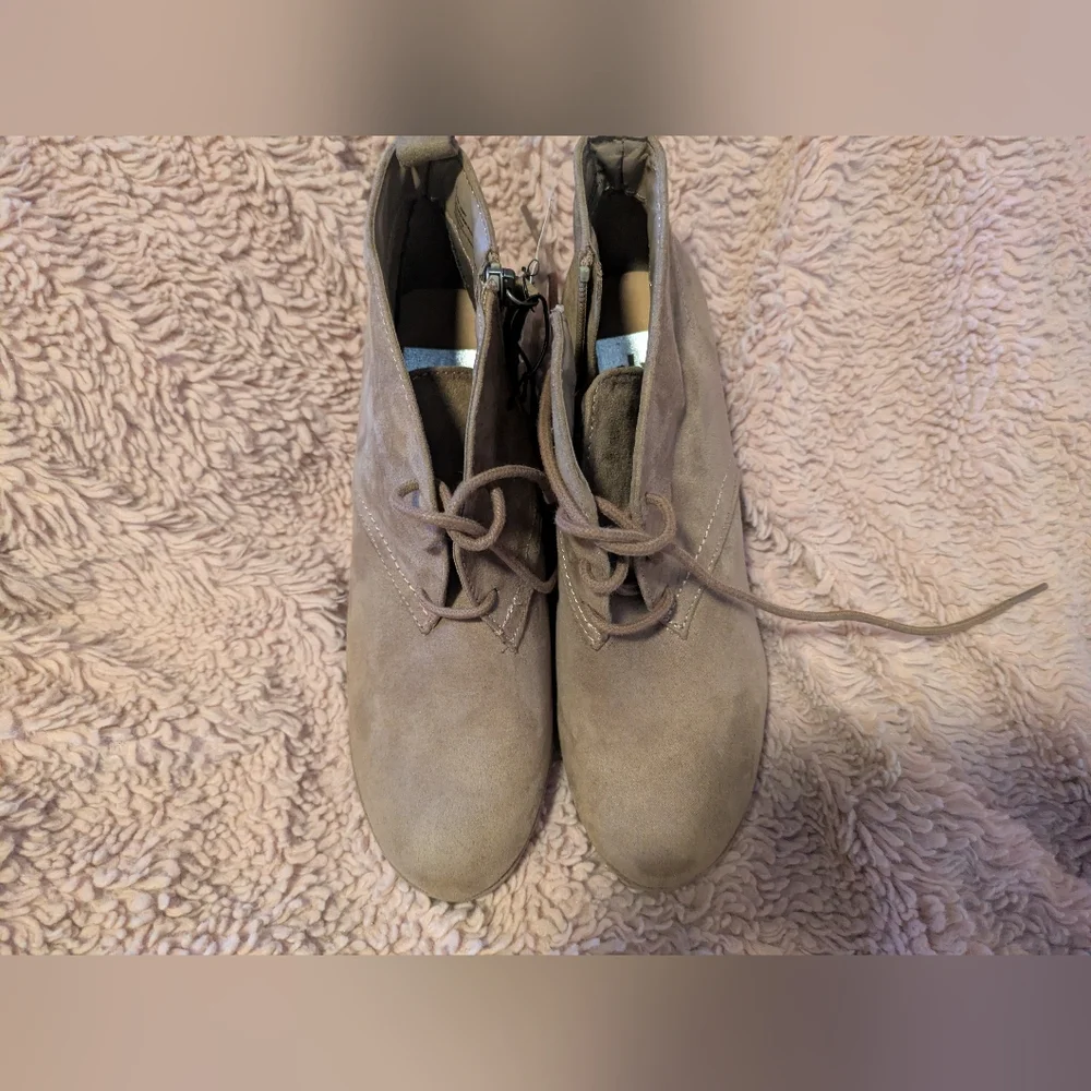 Taupe Lace-Up Wedge Ankle Booties | Soft Suede | Size 8